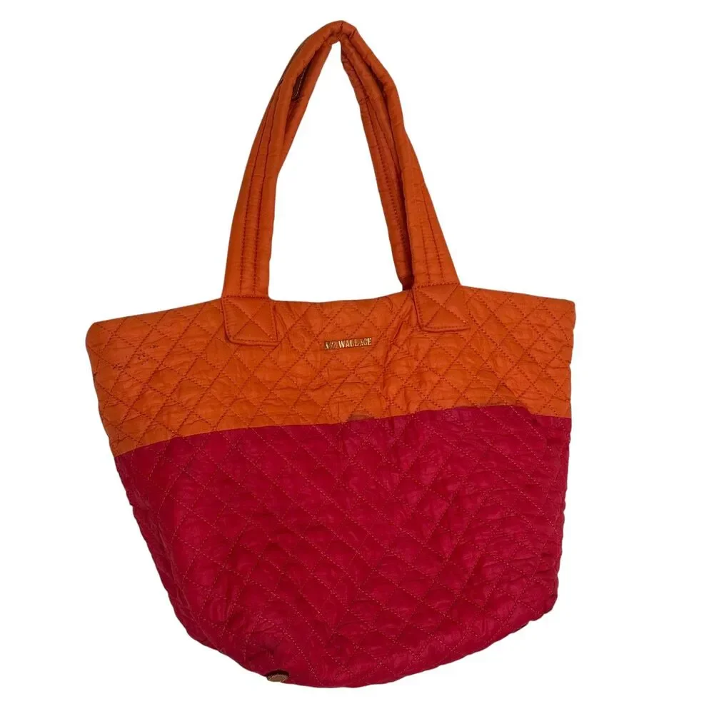 MZ Wallace Metro Tote Bag Purse Quilted Nylon ColorBlock Orange Red